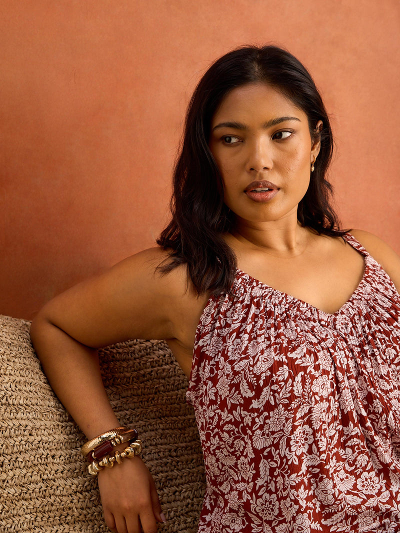 Rust Floral Print Crinkle Gathered Cami