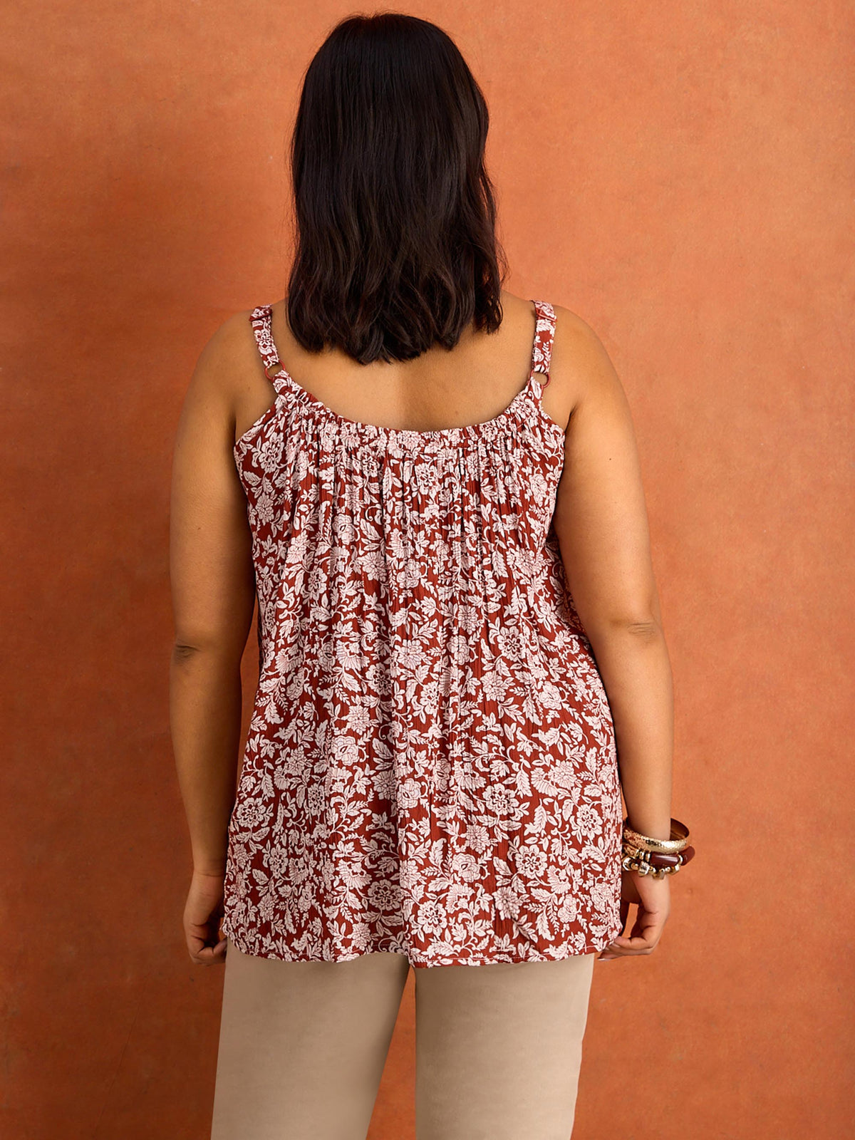 Rust Color Cami Rust Floral Print Crinkle Gathered Cami