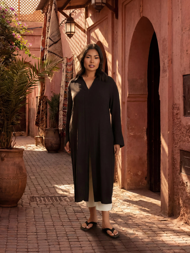Black Split Front Crinkle Tunic