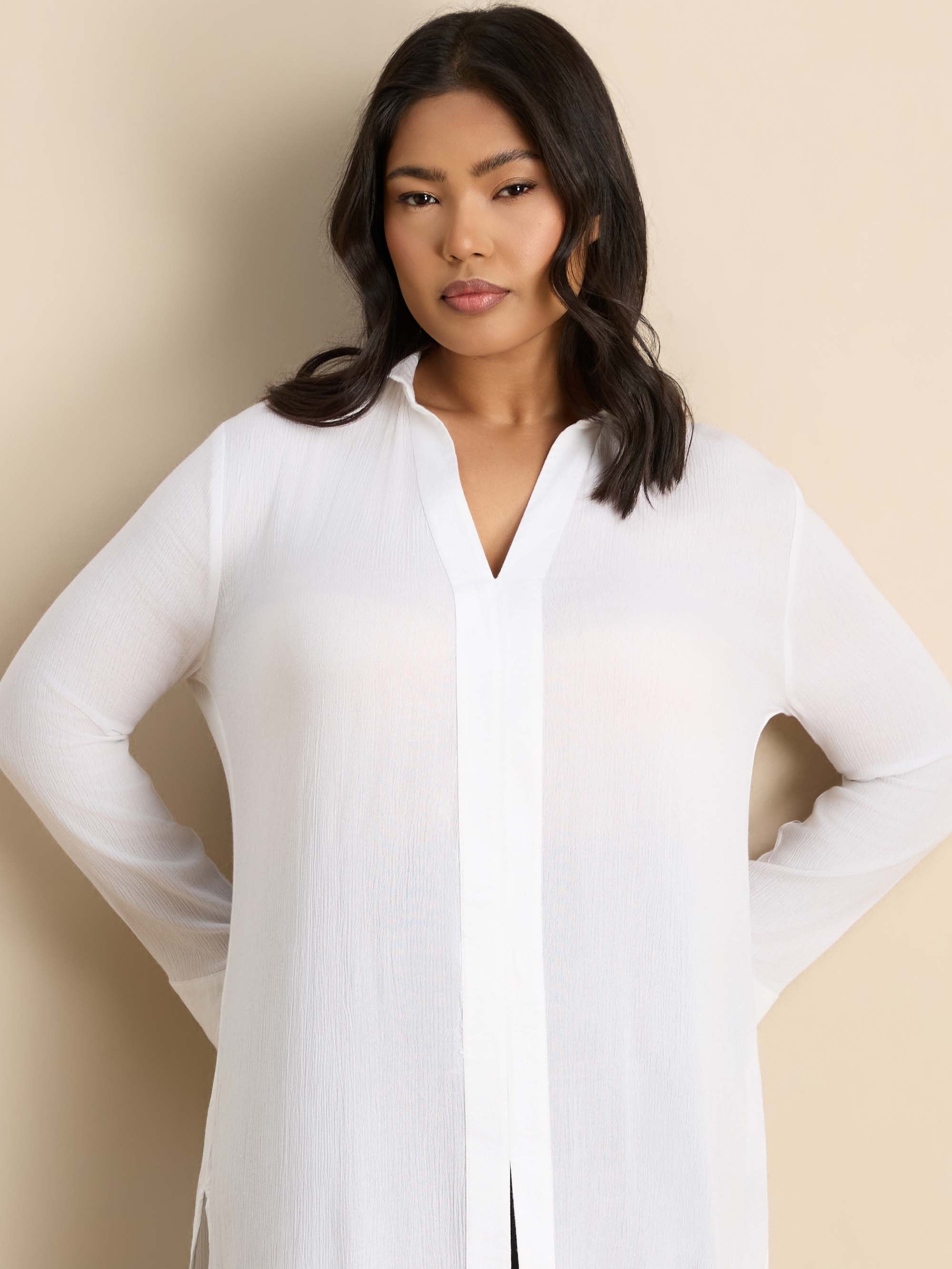 White Split Front Crinkle Tunic