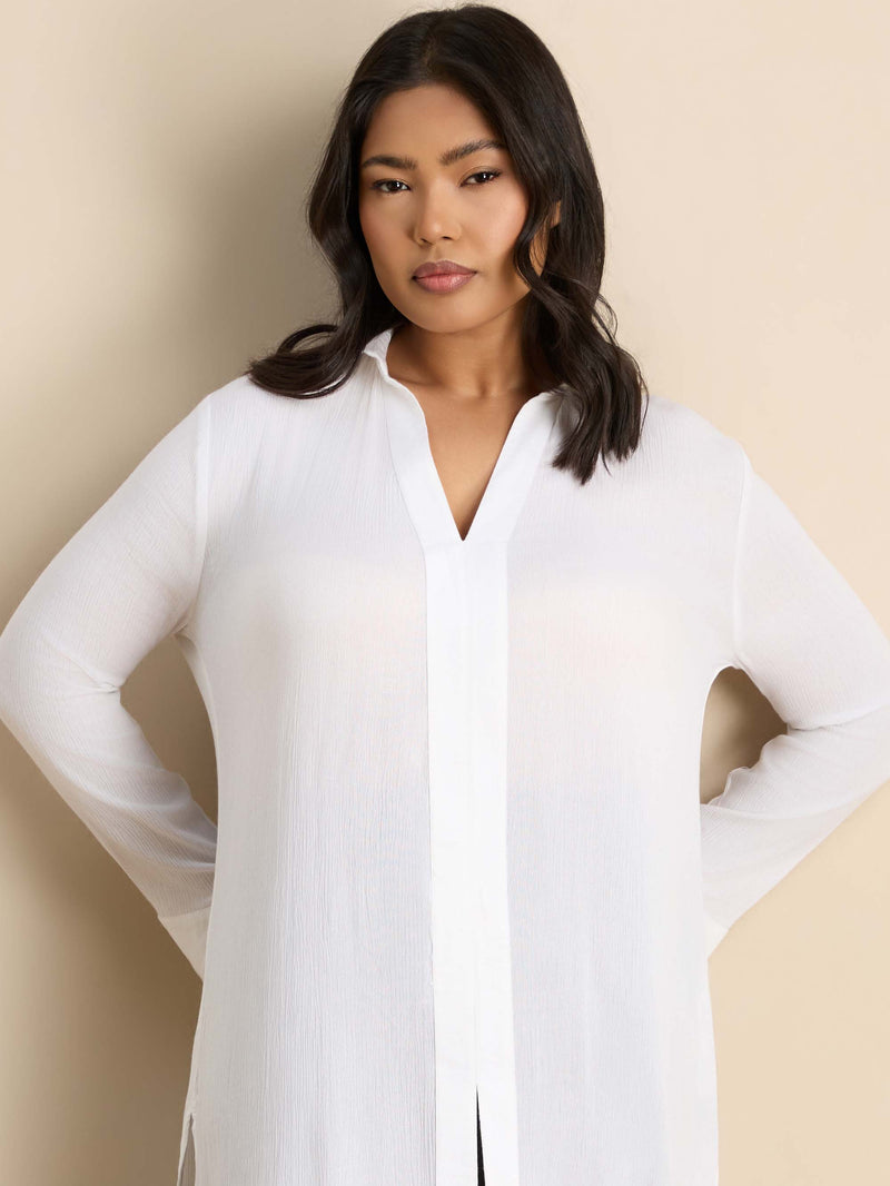 White Split Front Crinkle Tunic