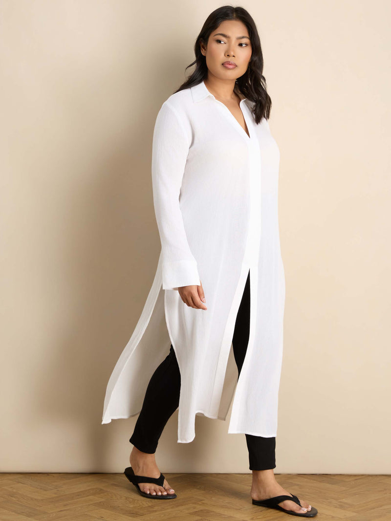 White Split Front Crinkle Tunic