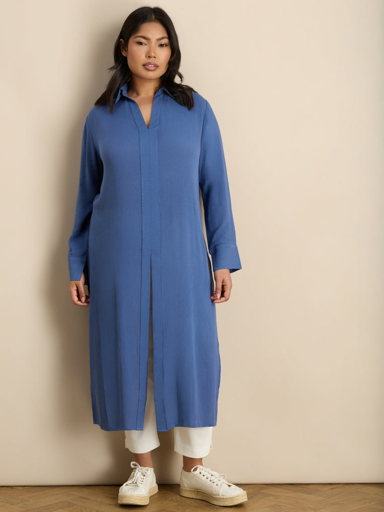 Blue Split Front Crinkle Tunic