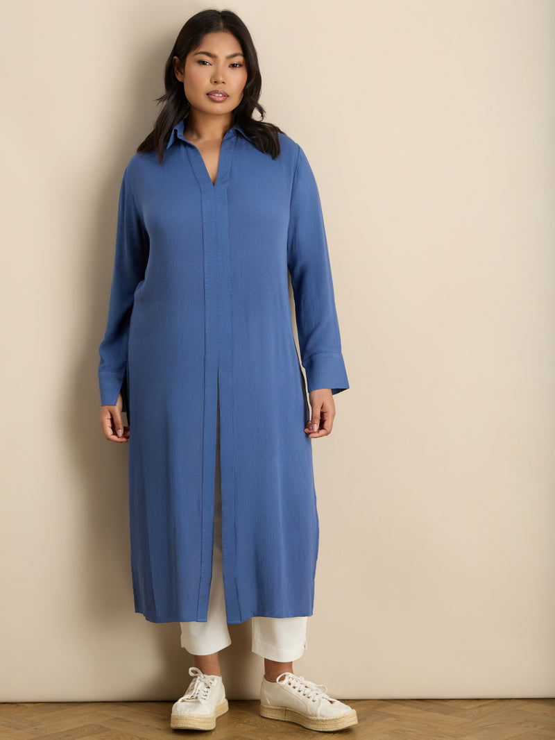 Blue Split Front Crinkle Tunic