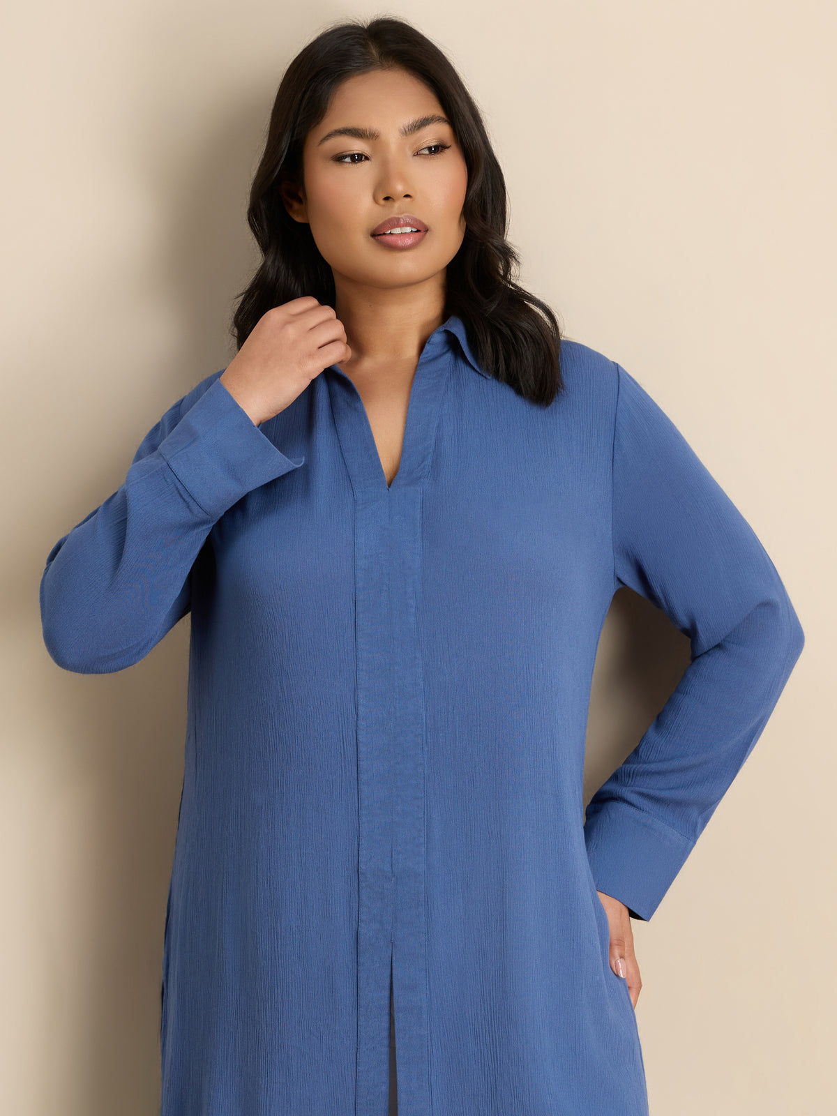 Front Split Tunic Blue Split Front Crinkle Tunic