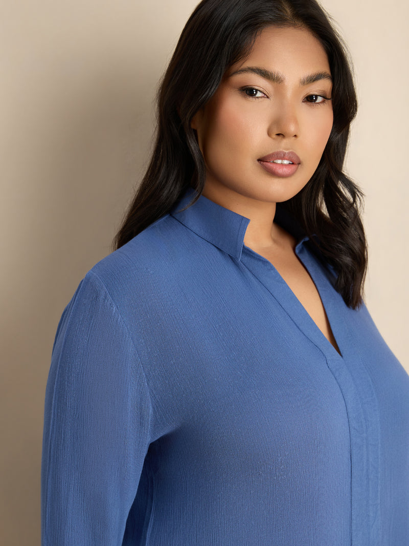 Blue Split Front Crinkle Tunic