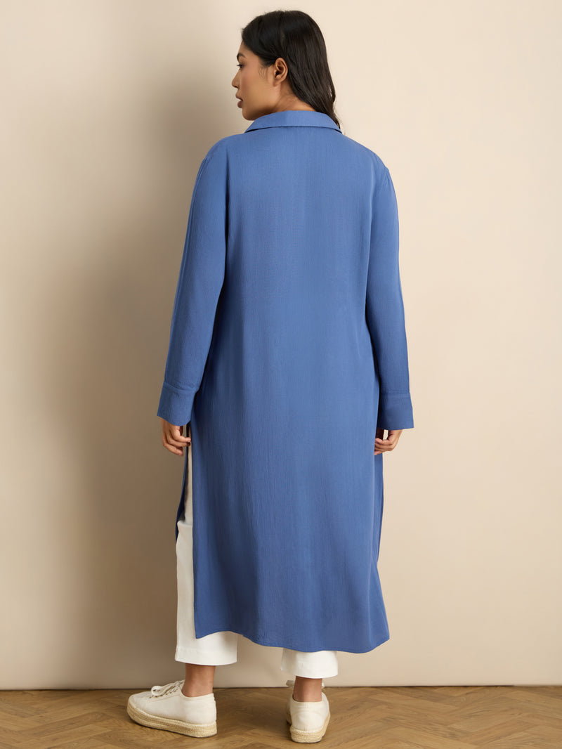 Blue Split Front Crinkle Tunic