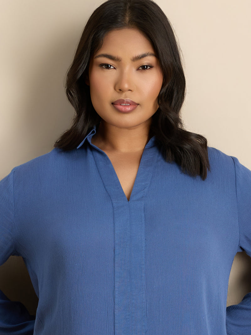 Blue Split Front Crinkle Tunic