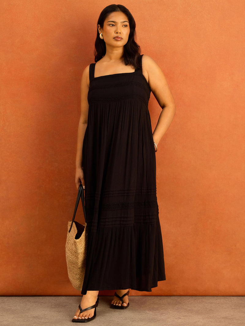 Black Crinkle Pintuck Lace Trim Midaxi Dress