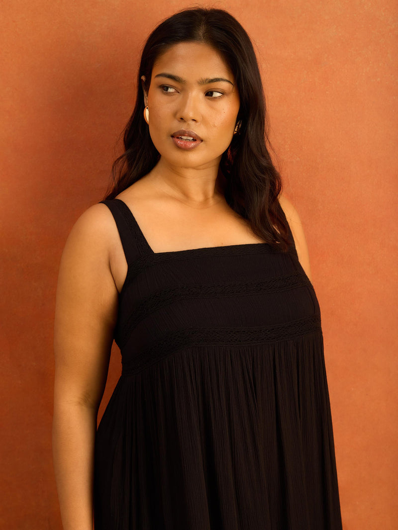 Black Crinkle Pintuck Lace Trim Midaxi Dress