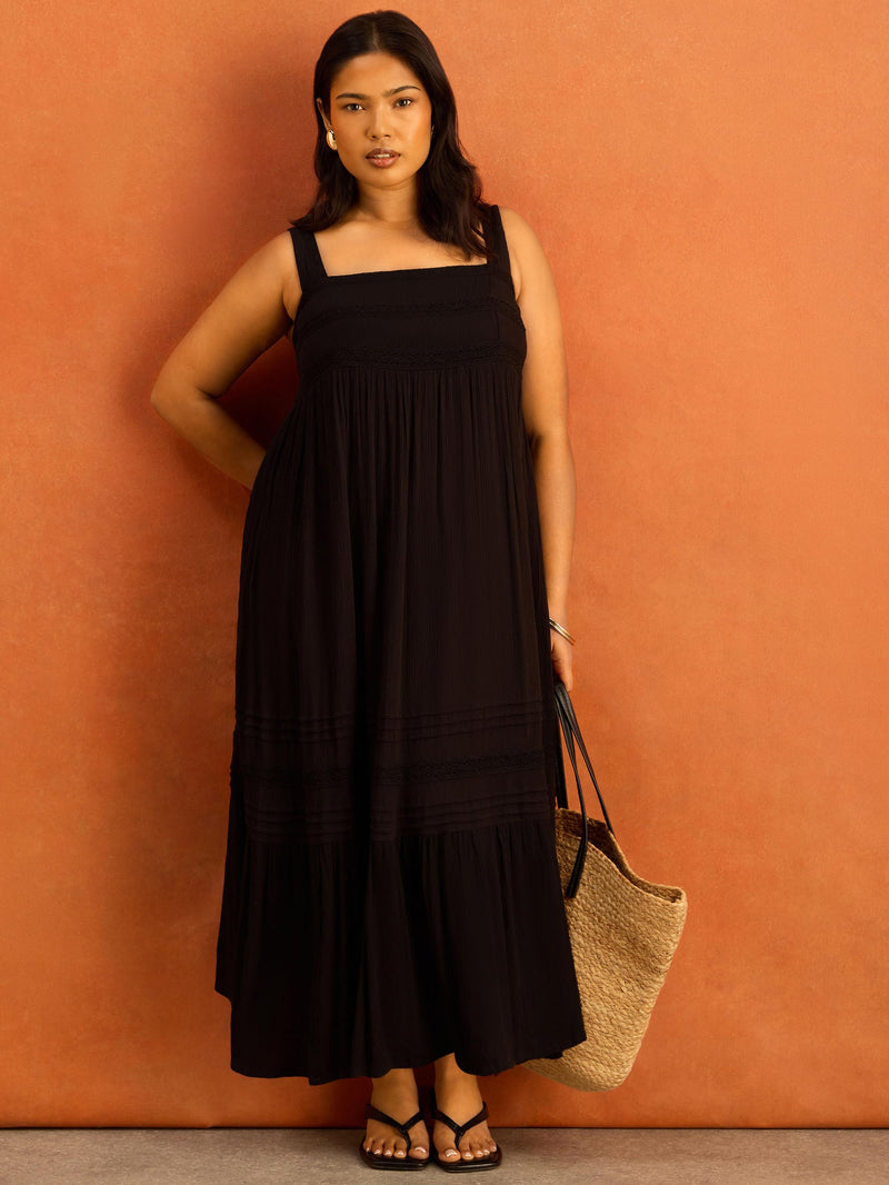 Black Crinkle Pintuck Lace Trim Midaxi Dress