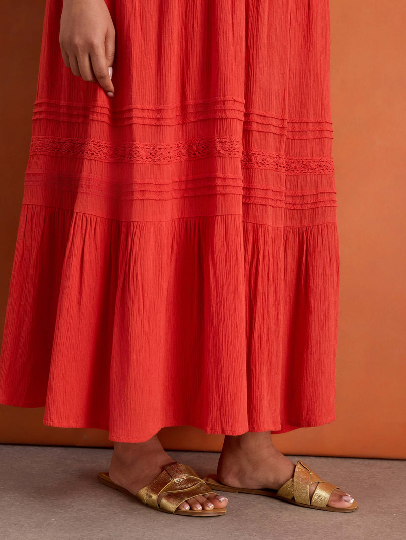 Red Crinkle Pintuck Lace Trim Midaxi Dress