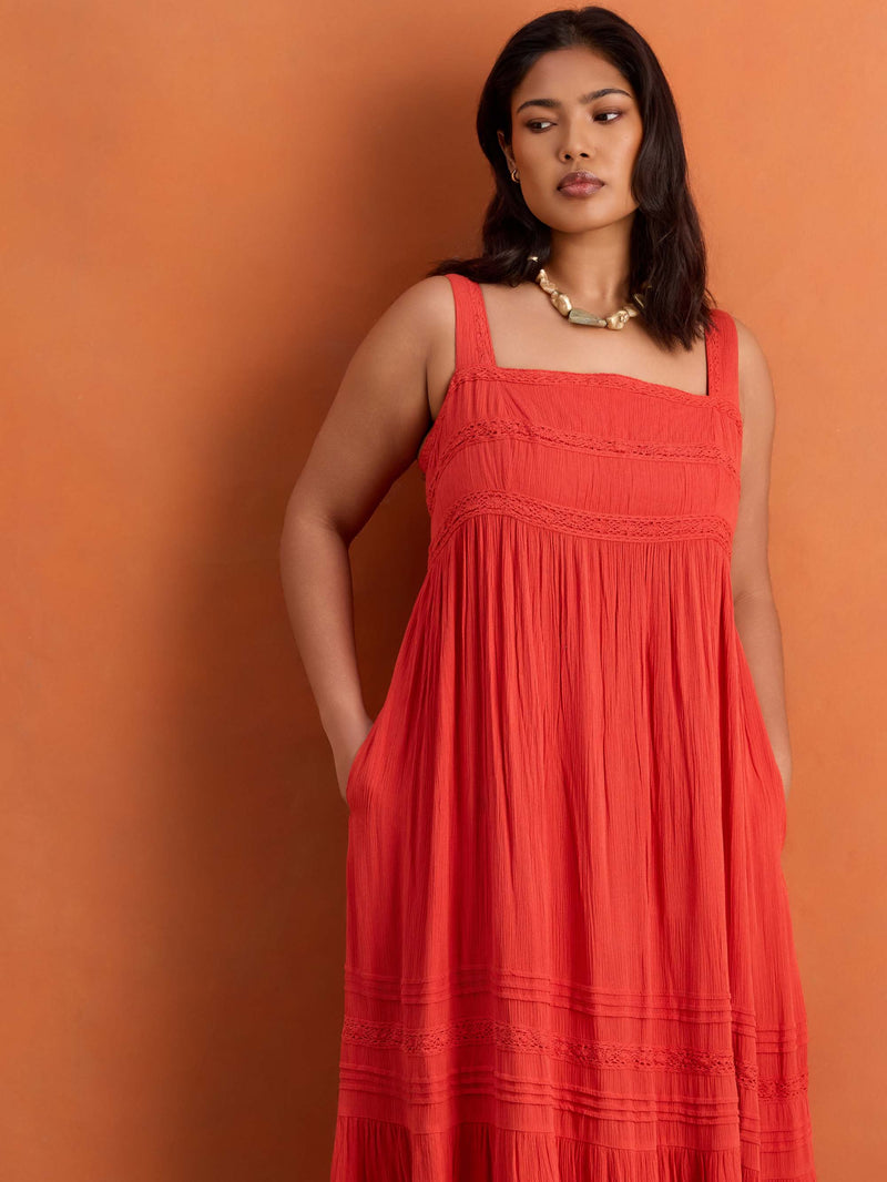 Red Crinkle Pintuck Lace Trim Midaxi Dress