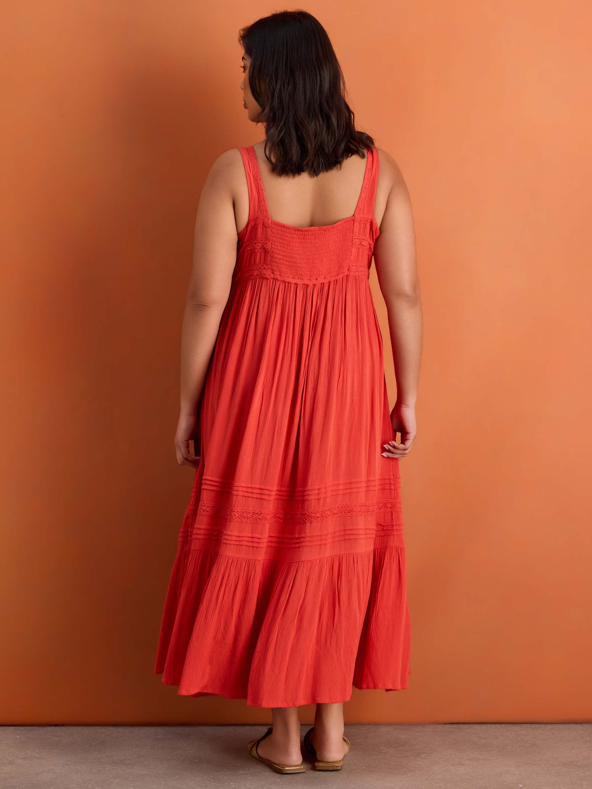Red Crinkle Pintuck Lace Trim Midaxi Dress