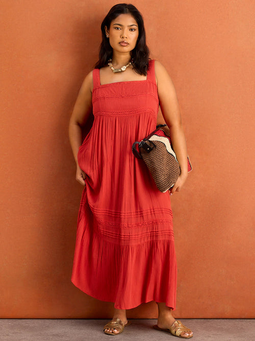 Orange Crinkle Pintuck Lace Trim Midaxi Dress