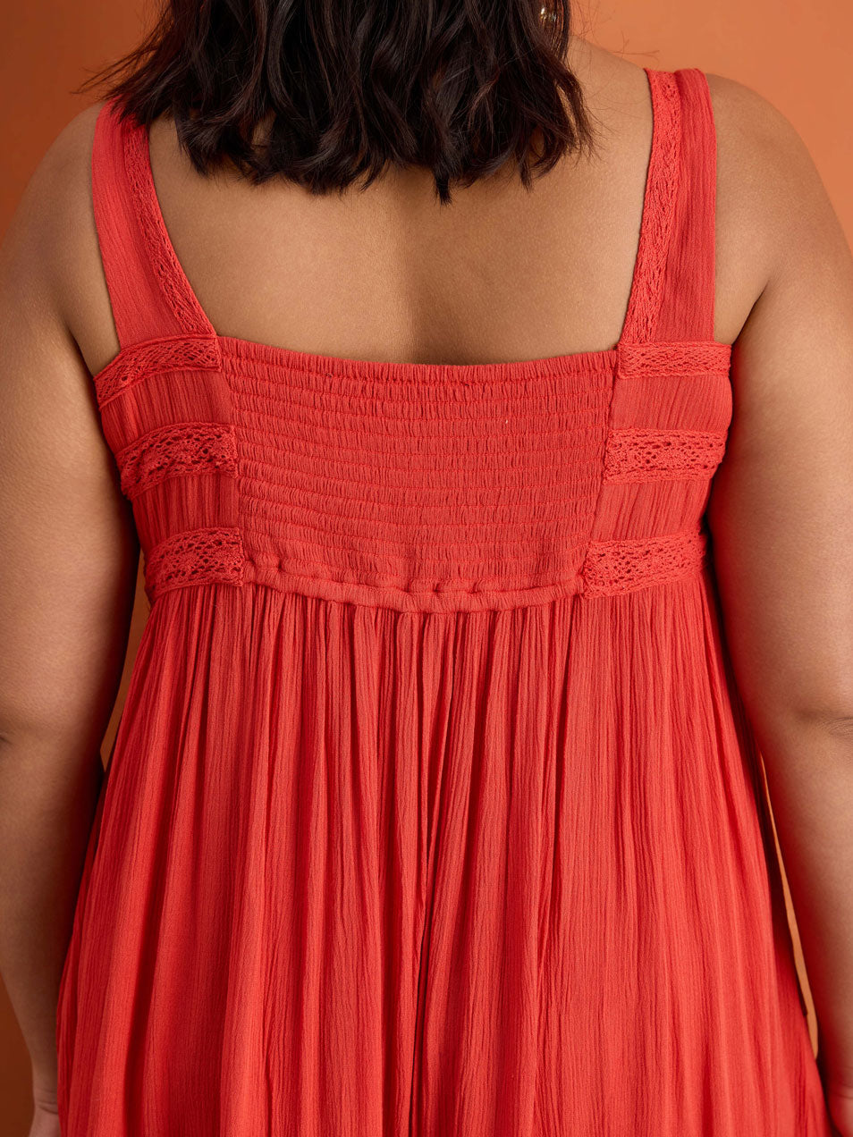 Red Crinkle Pintuck Lace Trim Midaxi Dress