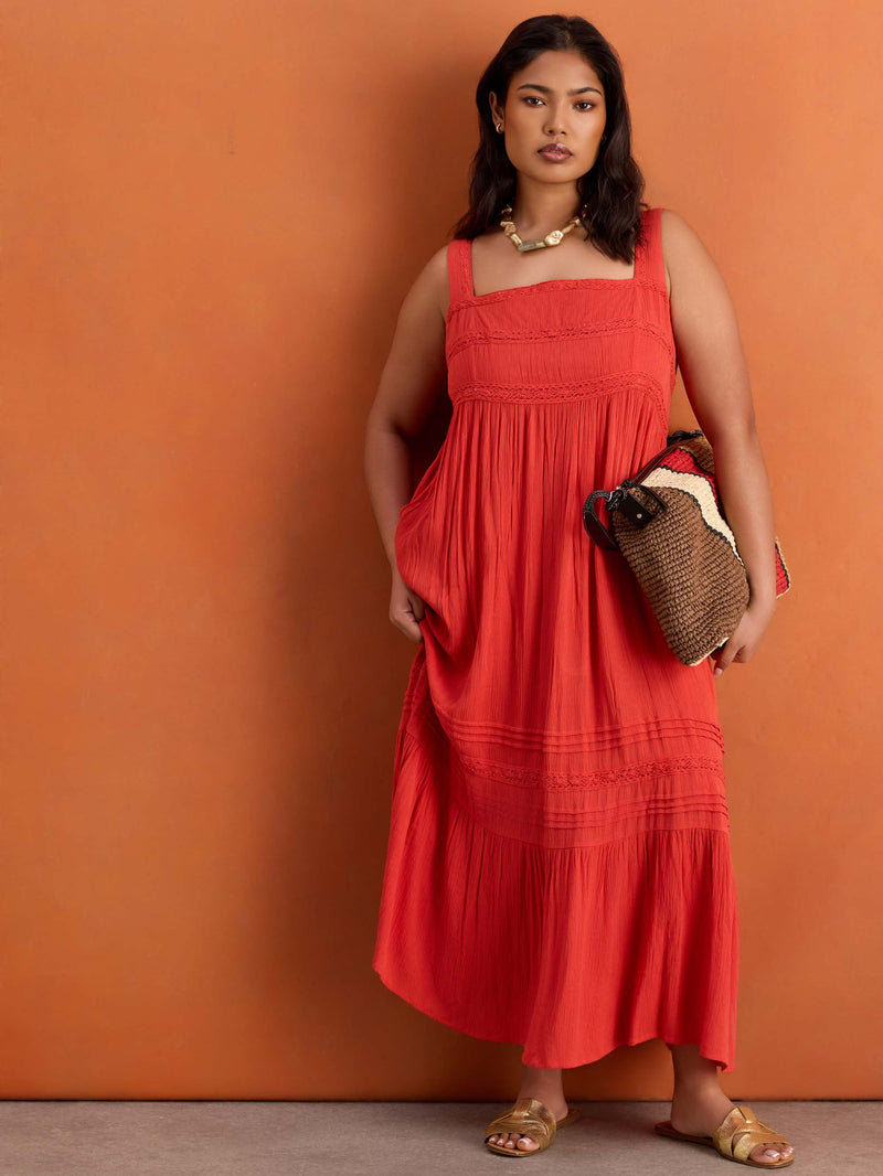 Red Crinkle Pintuck Lace Trim Midaxi Dress