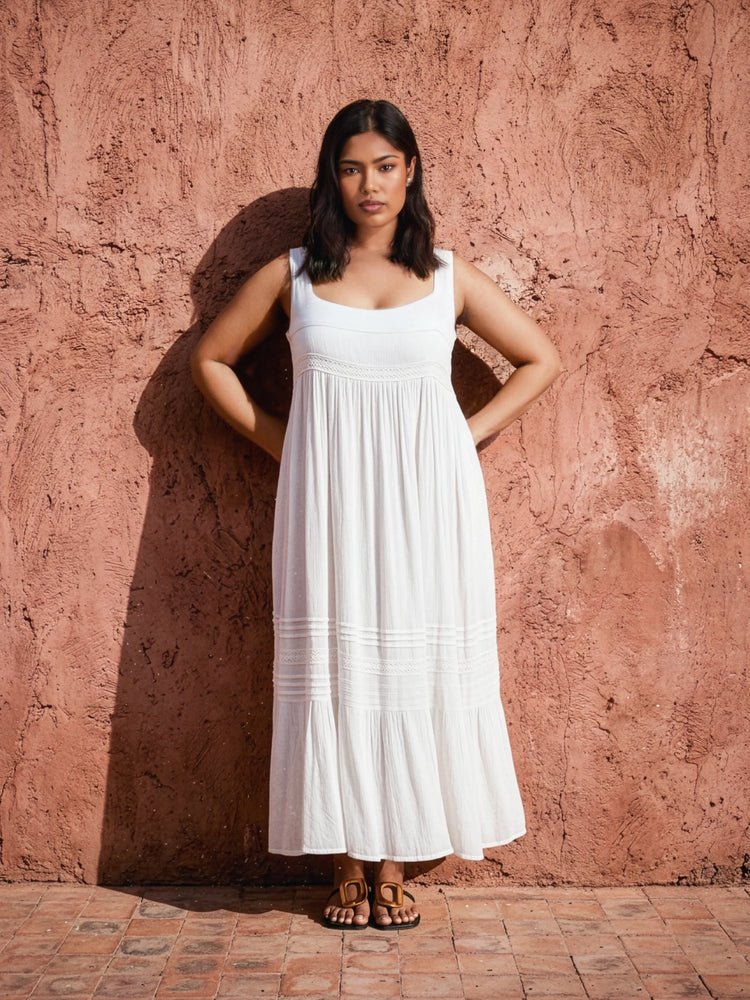 White Crinkle Pintuck Lace Trim Midaxi Dress