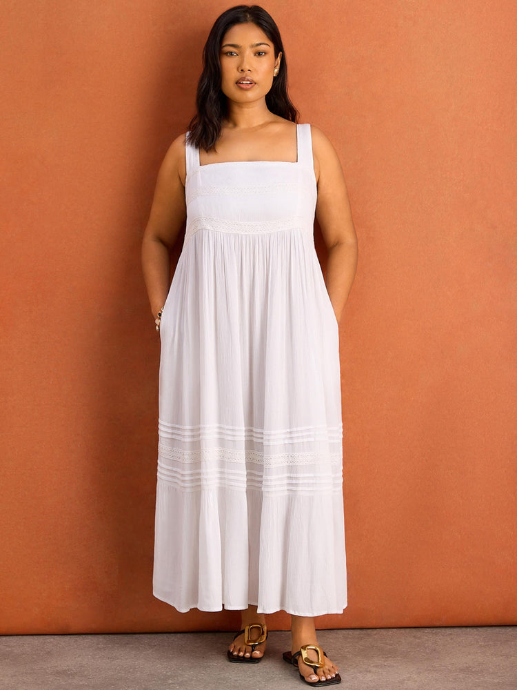 White Crinkle Pintuck Lace Trim Midaxi Dress