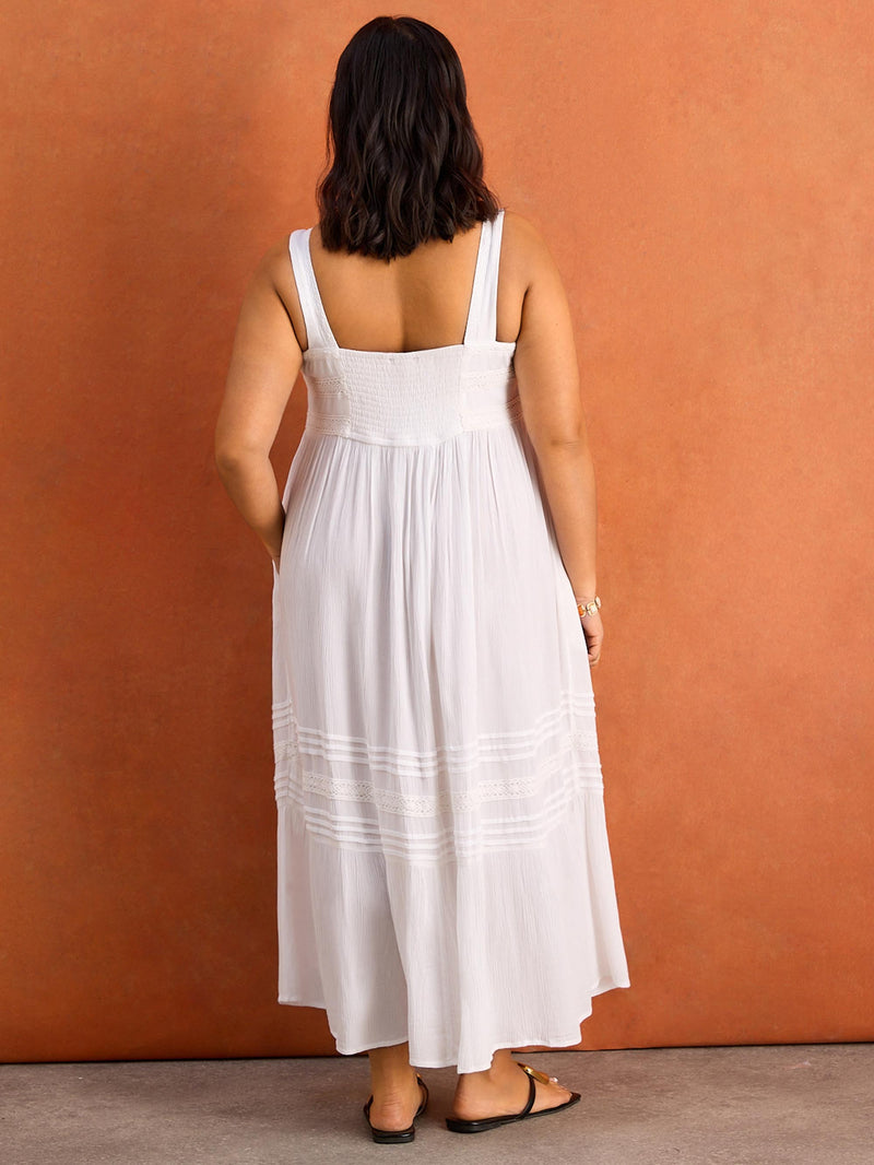 White Crinkle Pintuck Lace Trim Midaxi Dress
