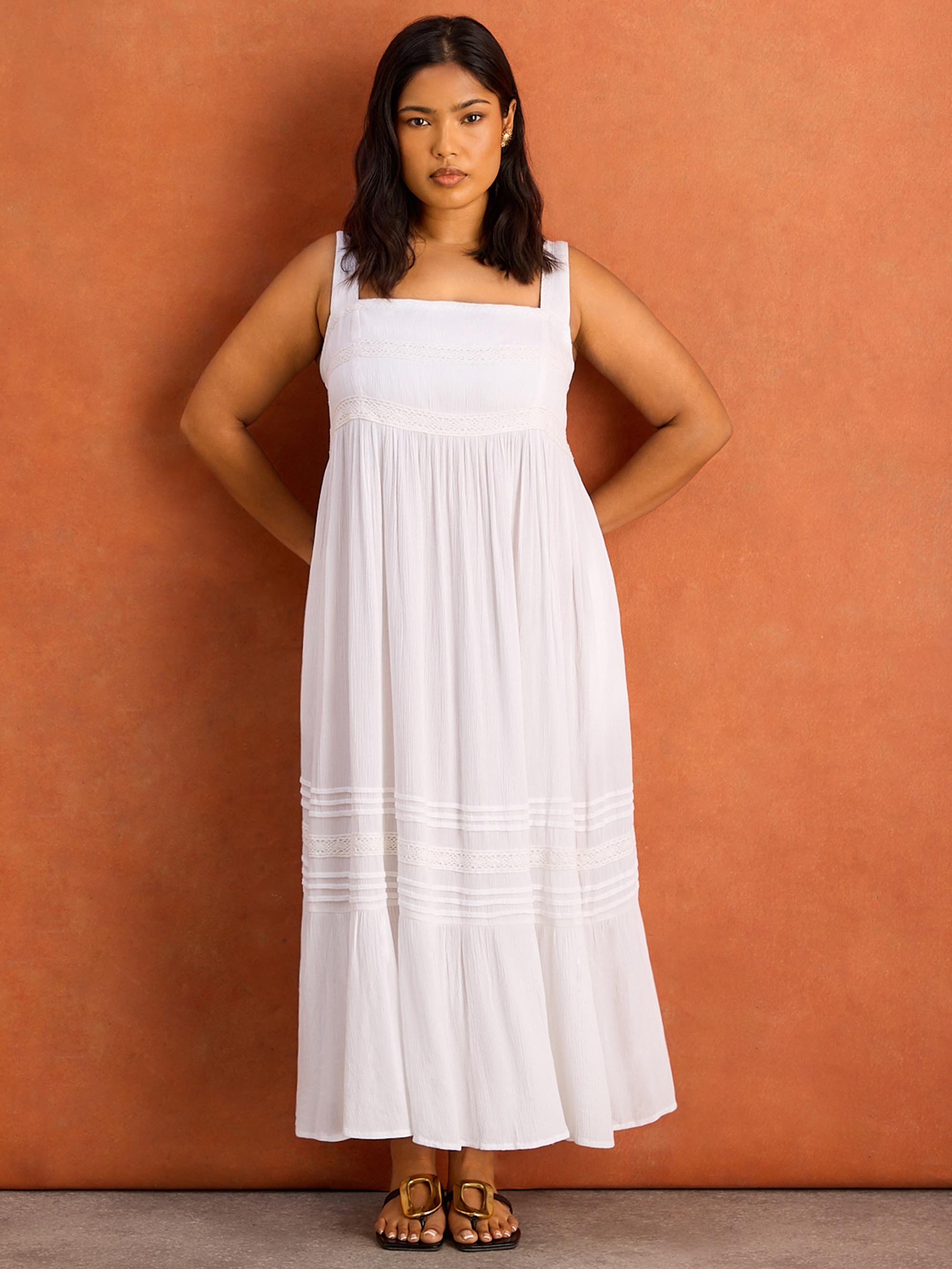 White Crinkle Pintuck Lace Trim Midaxi Dress