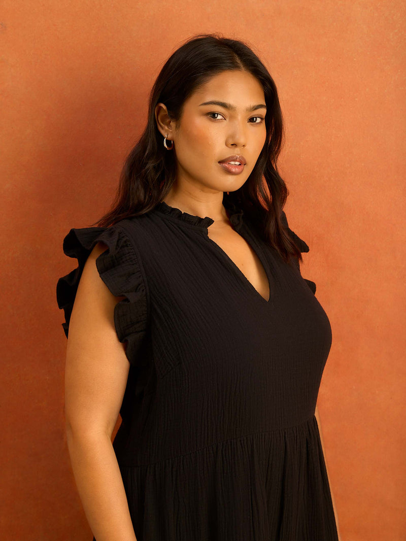 Black Pintuck Knee Length Dress