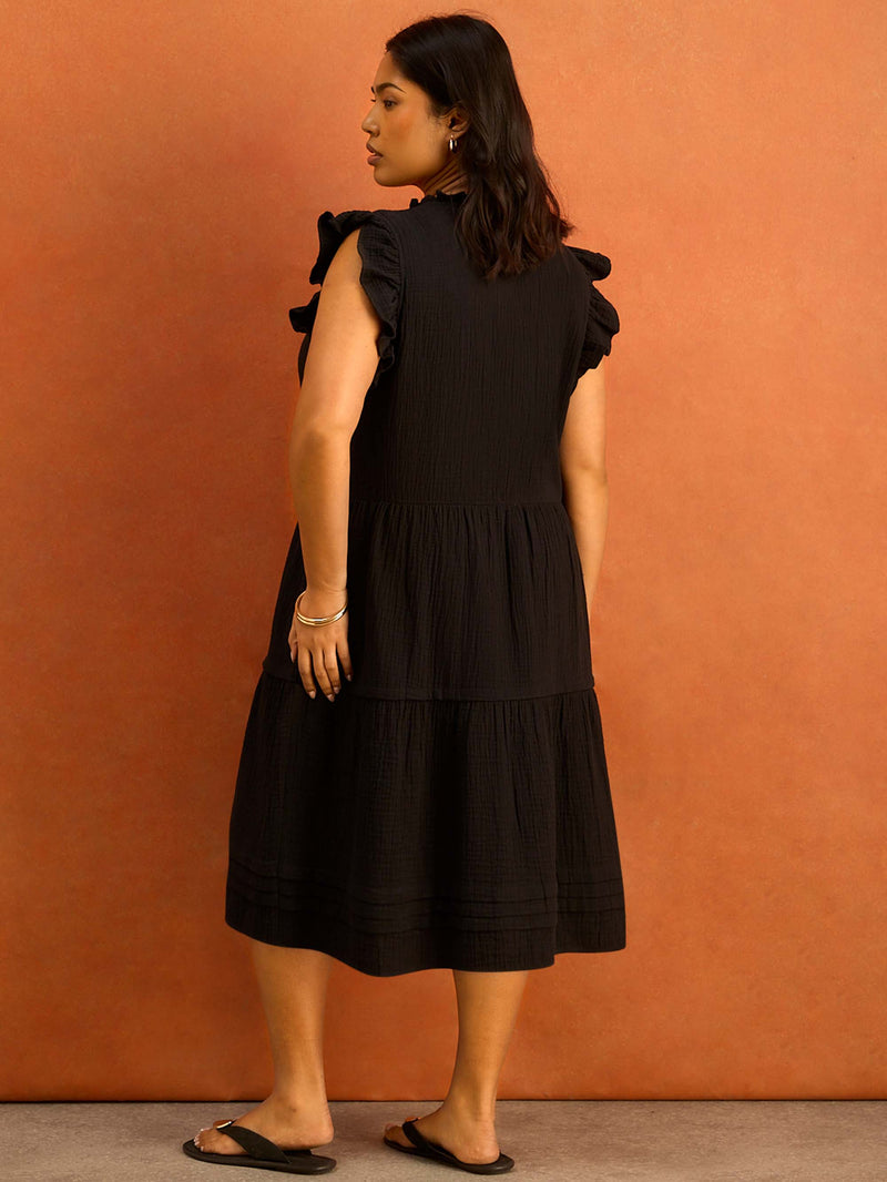 Black Pintuck Knee Length Dress