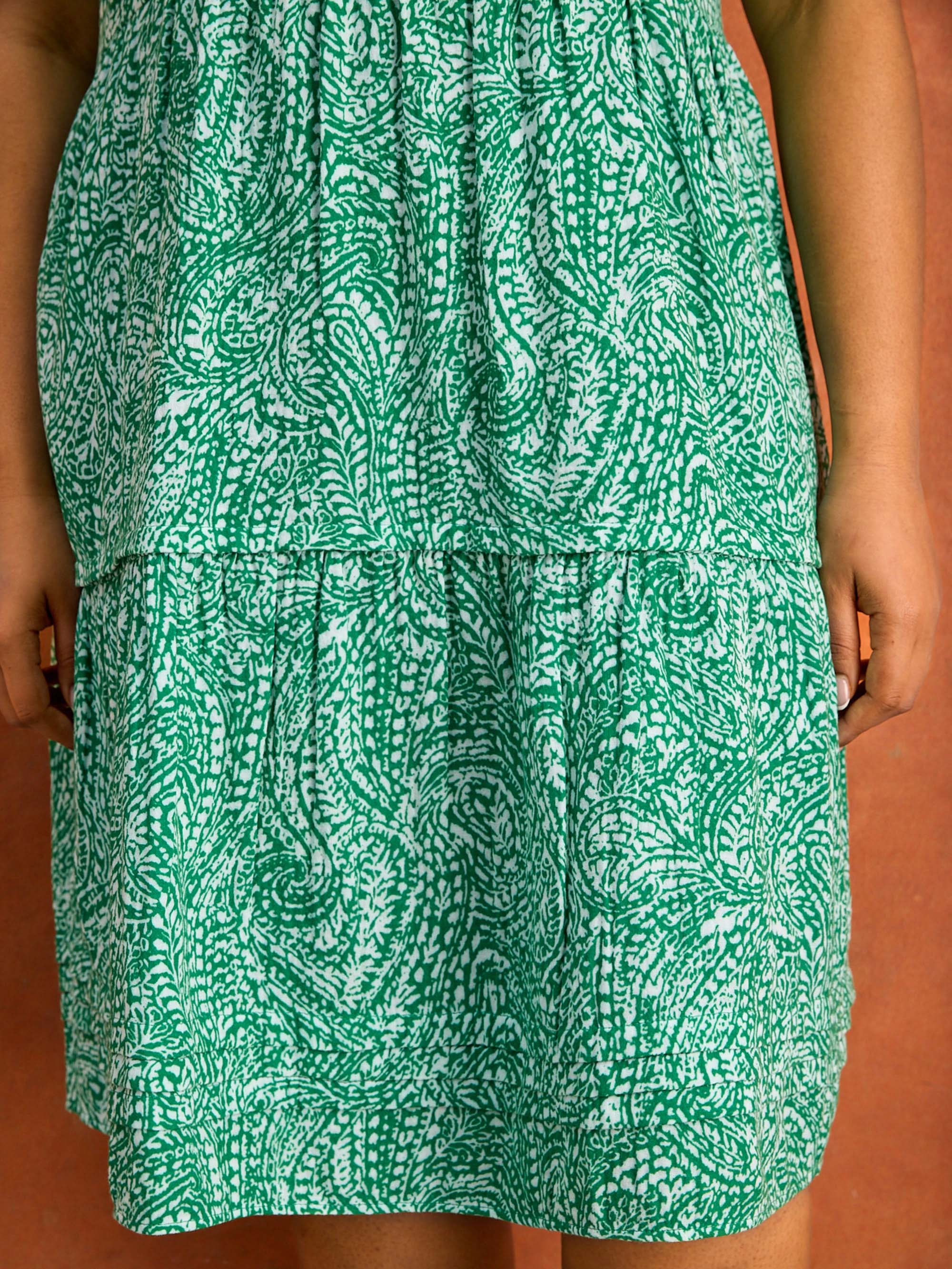 Petite Green Print Cotton Pintuck Knee Length Dress