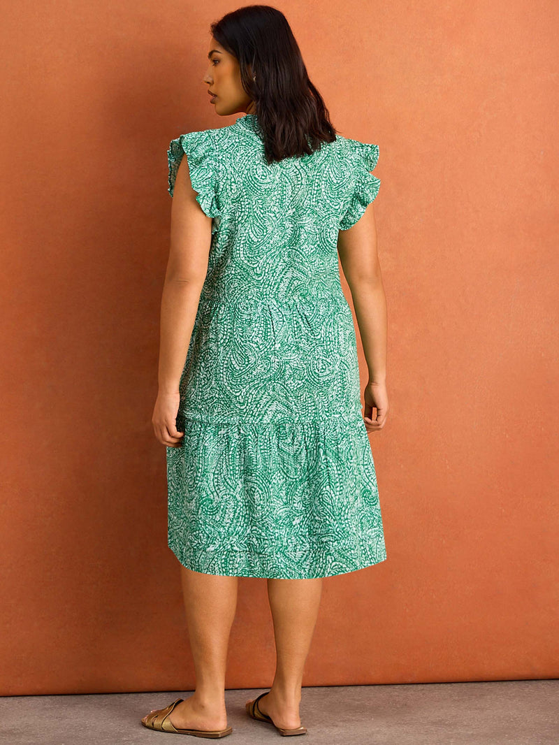 Petite Green Print Cotton Pintuck Knee Length Dress