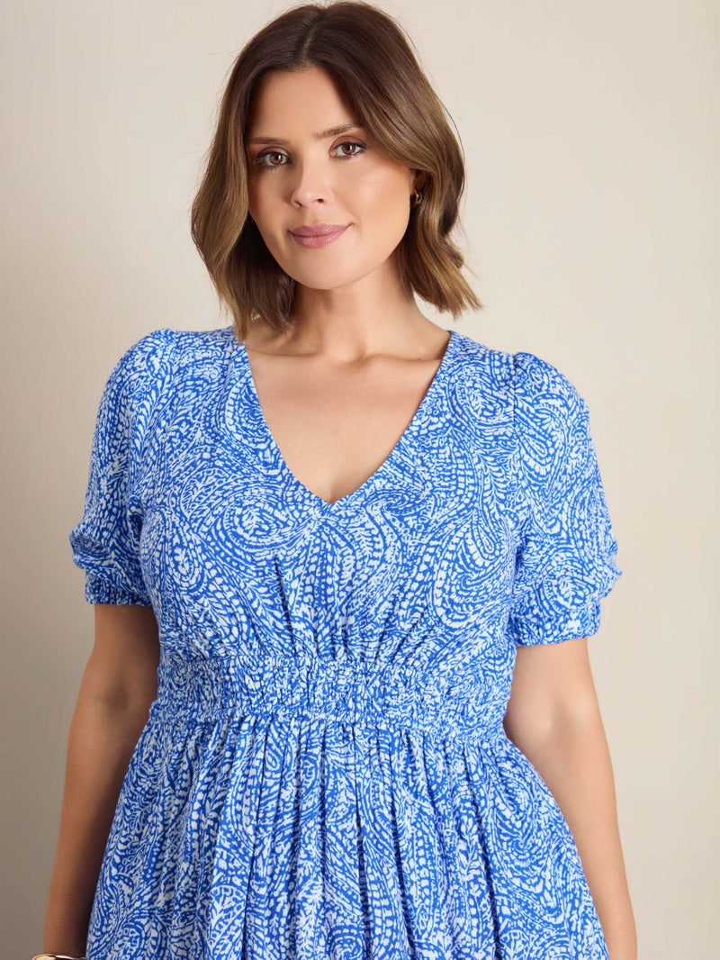 Blue Print Cheesecloth V Neck Maxi Dress
