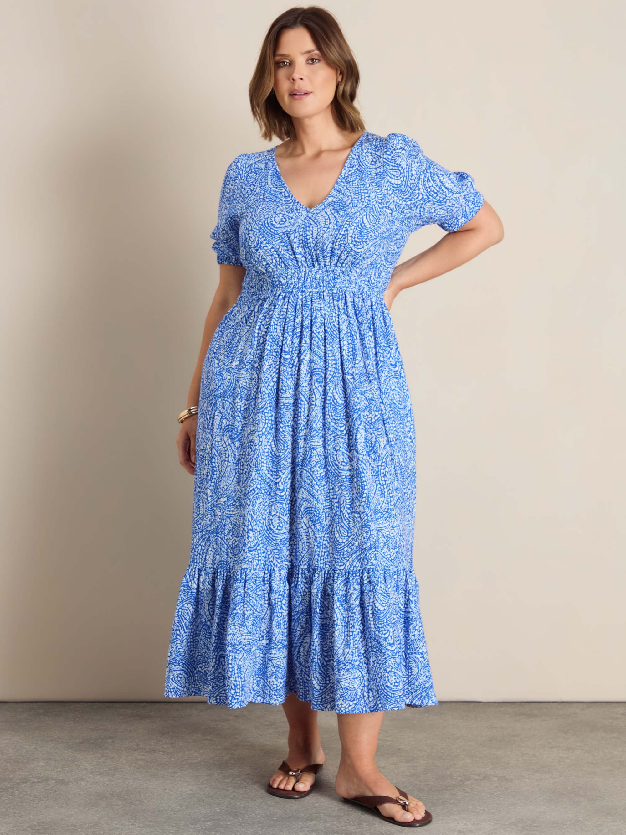 Blue Print Cheesecloth V Neck Maxi Dress