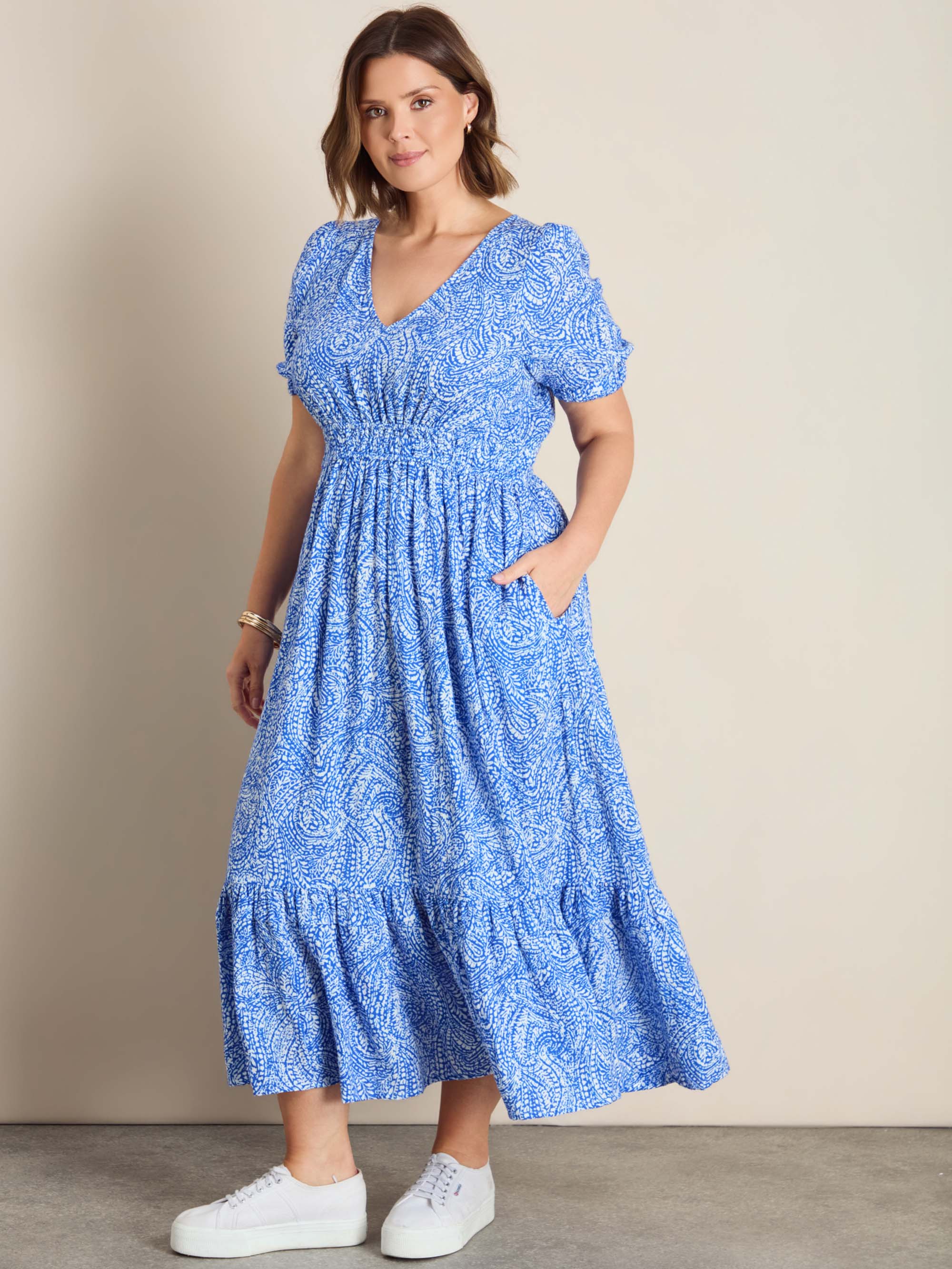 Blue Print Cheesecloth V Neck Maxi Dress