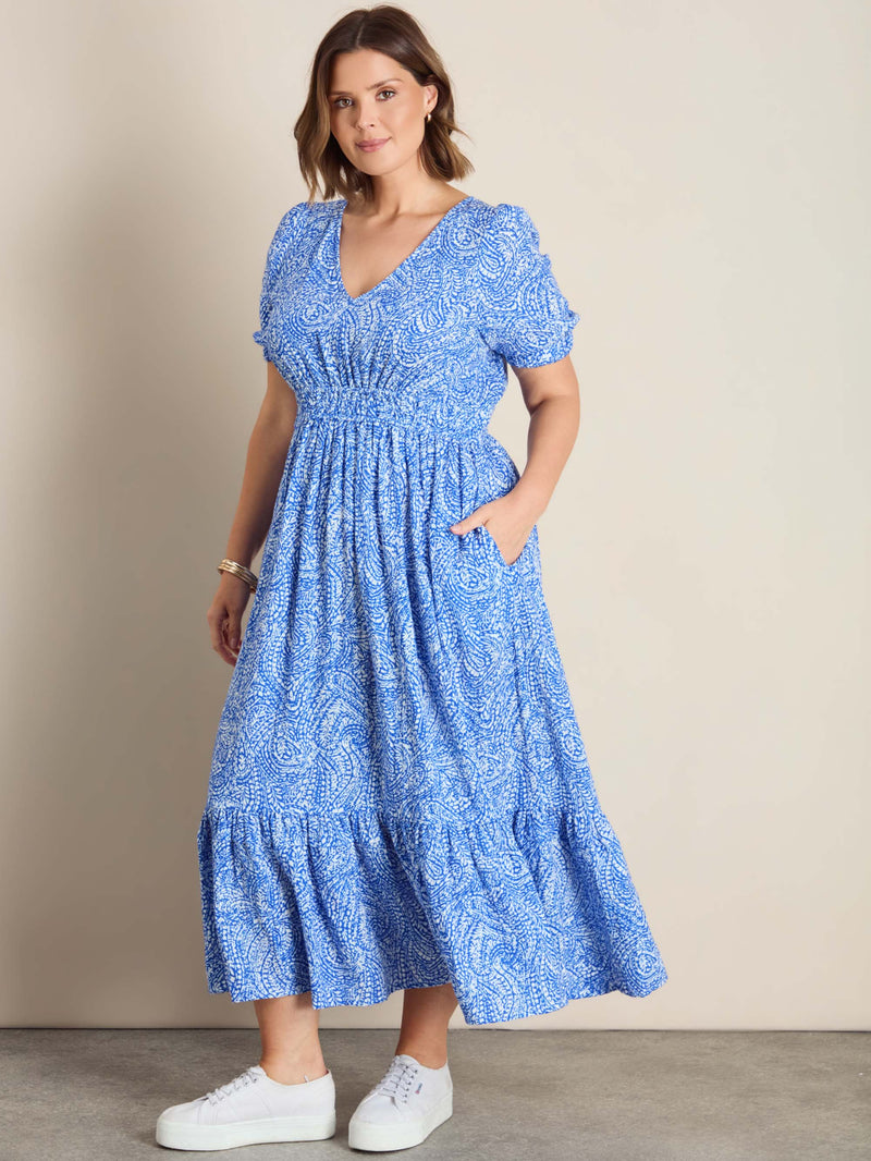 Blue Print Cheesecloth V Neck Maxi Dress