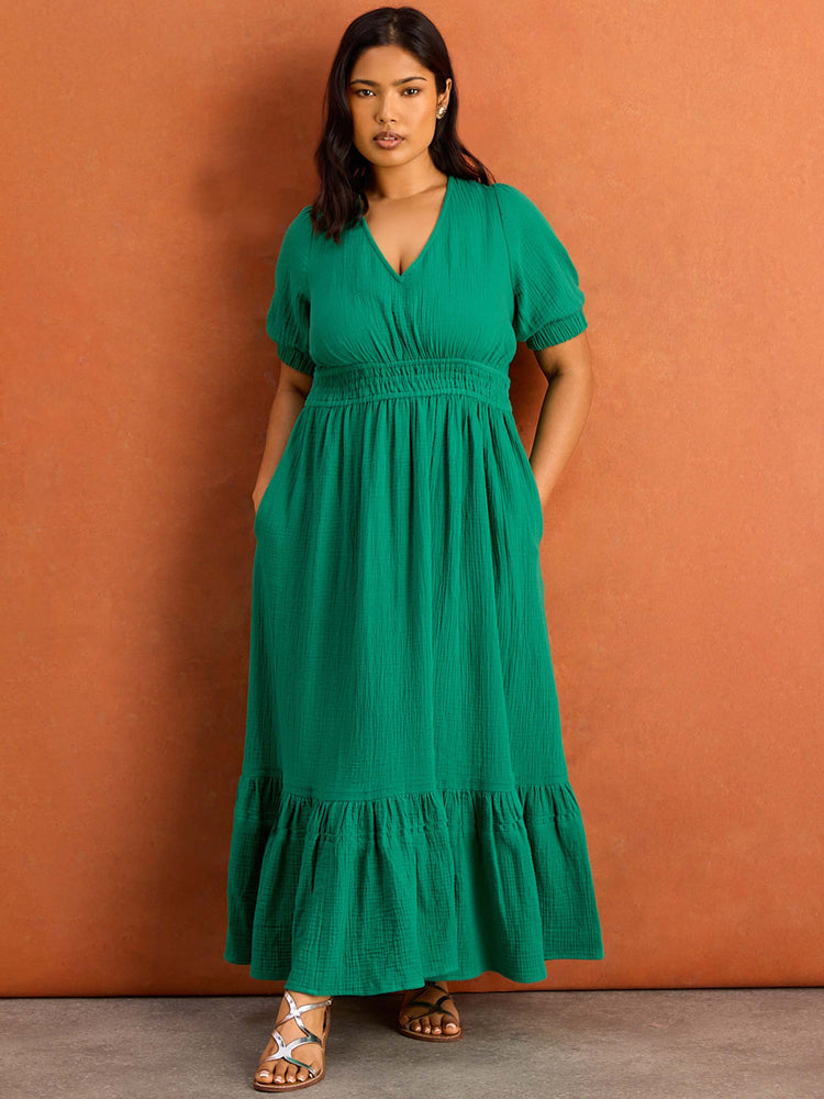 Green V Neck Cotton Gauze Maxi Dress