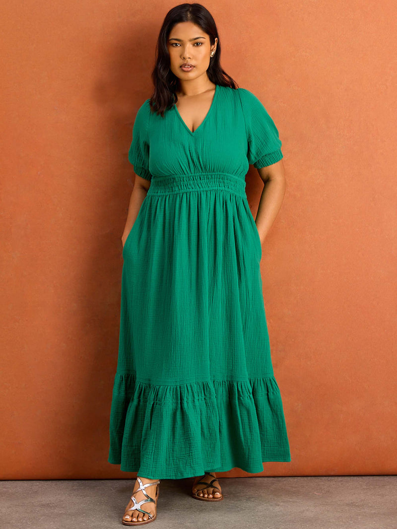Green V Neck Cotton Gauze Maxi Dress