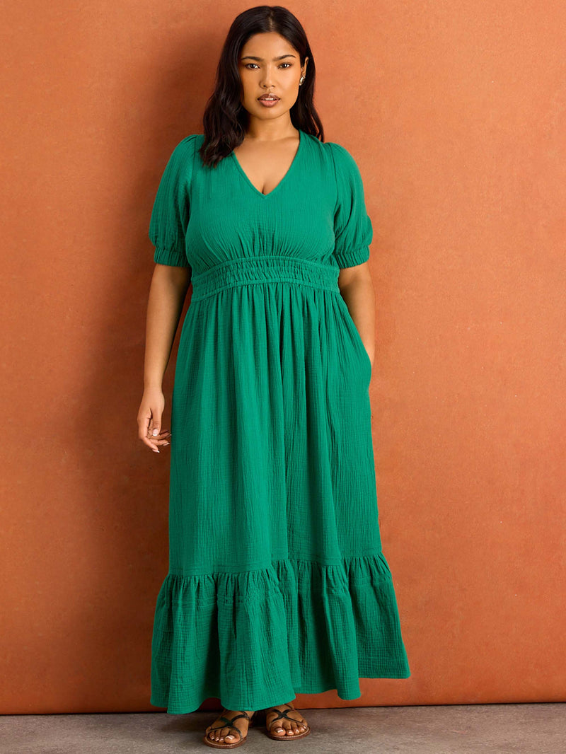 Green Cheesecloth V Neck Maxi Dress
