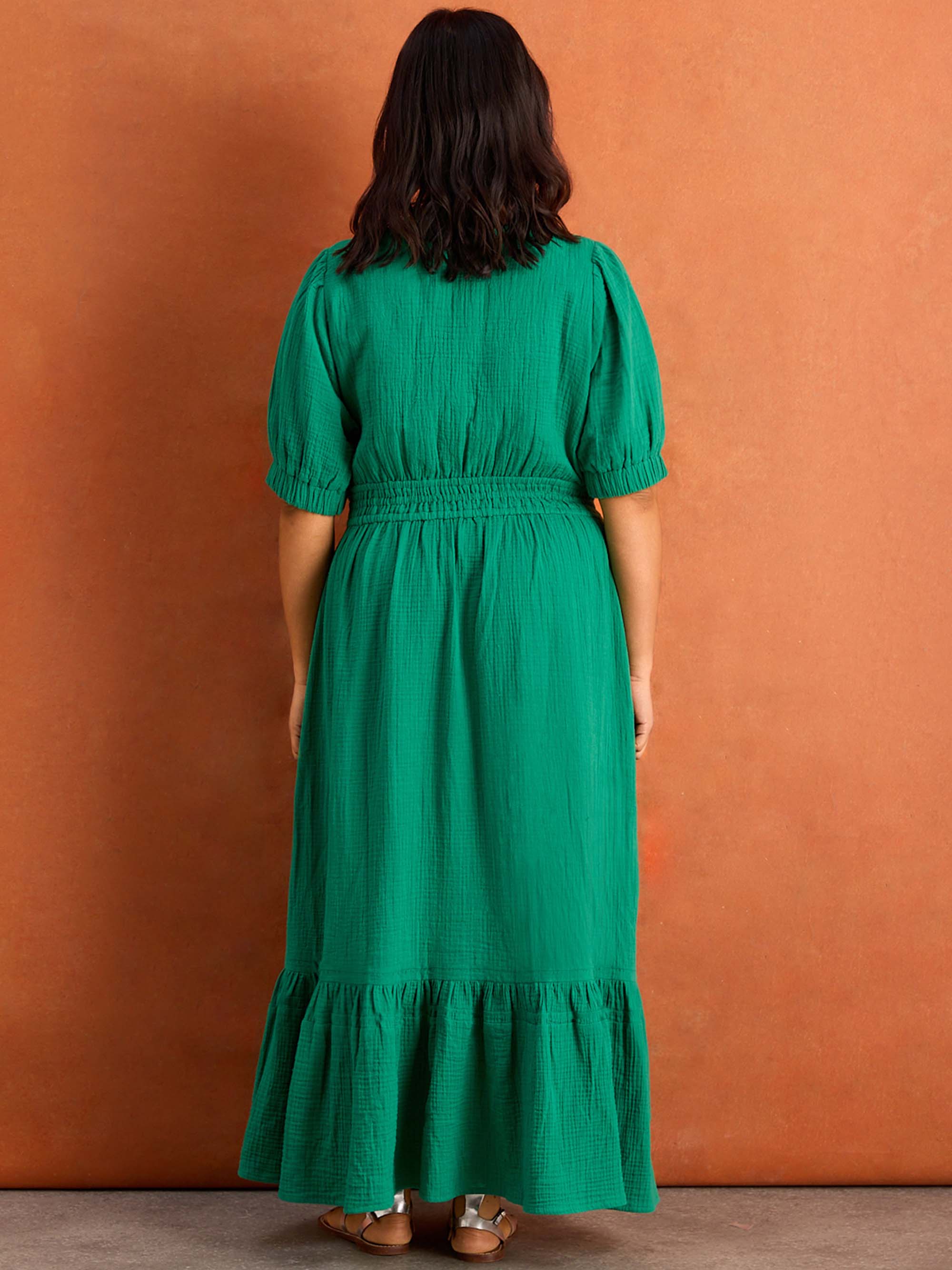 Green V Neck Cotton Gauze Maxi Dress