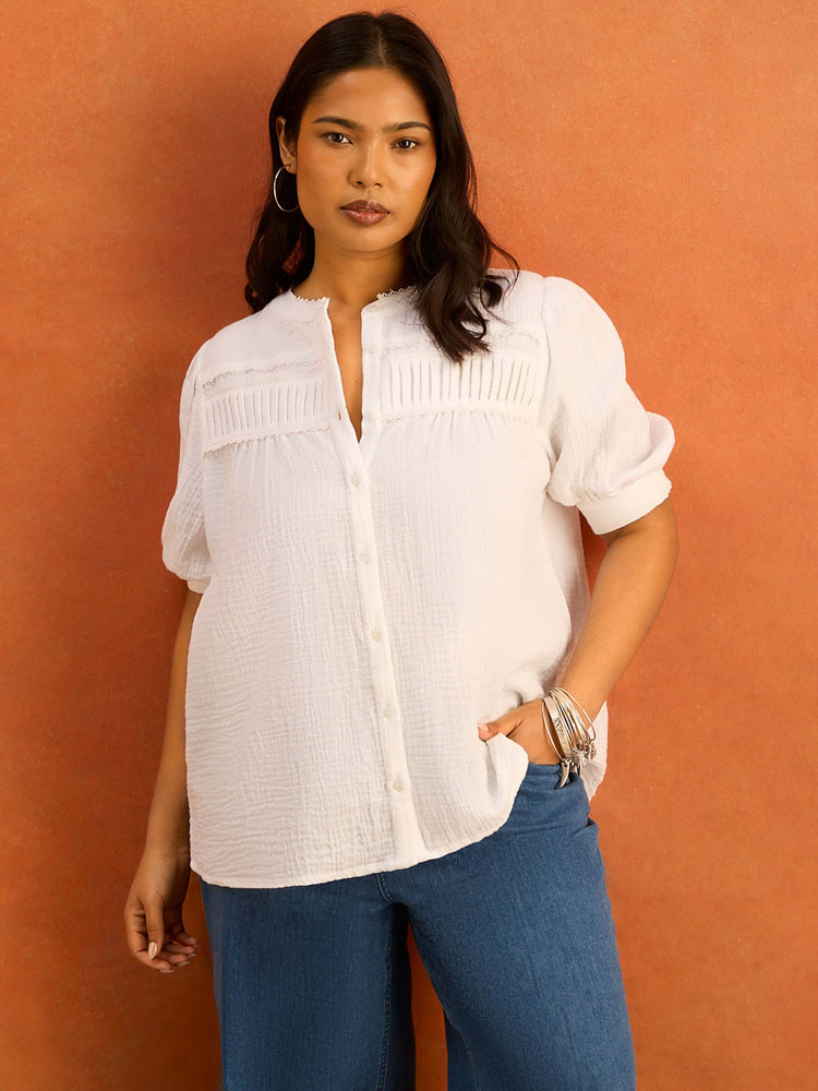 White Cheesecloth Pintuck Detail Short Sleeve Blouse