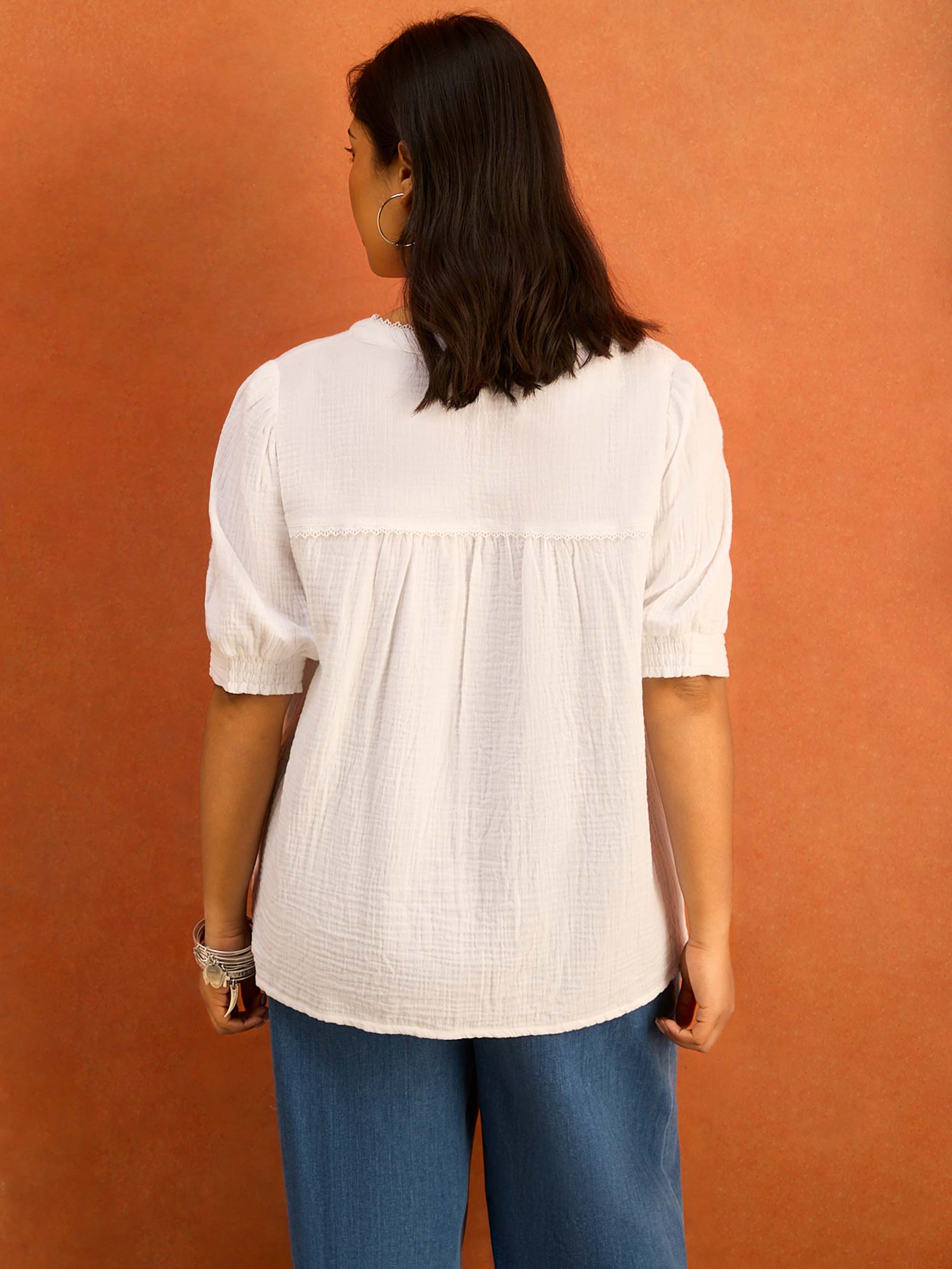 White Cheesecloth Pintuck Detail Short Sleeve Blouse