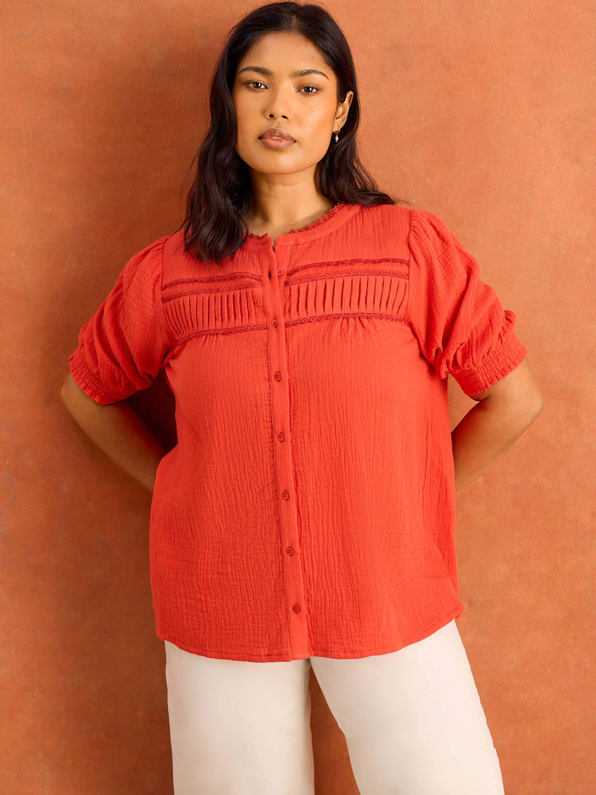 Red Cheesecloth Pintuck Detail Short Sleeve Blouse