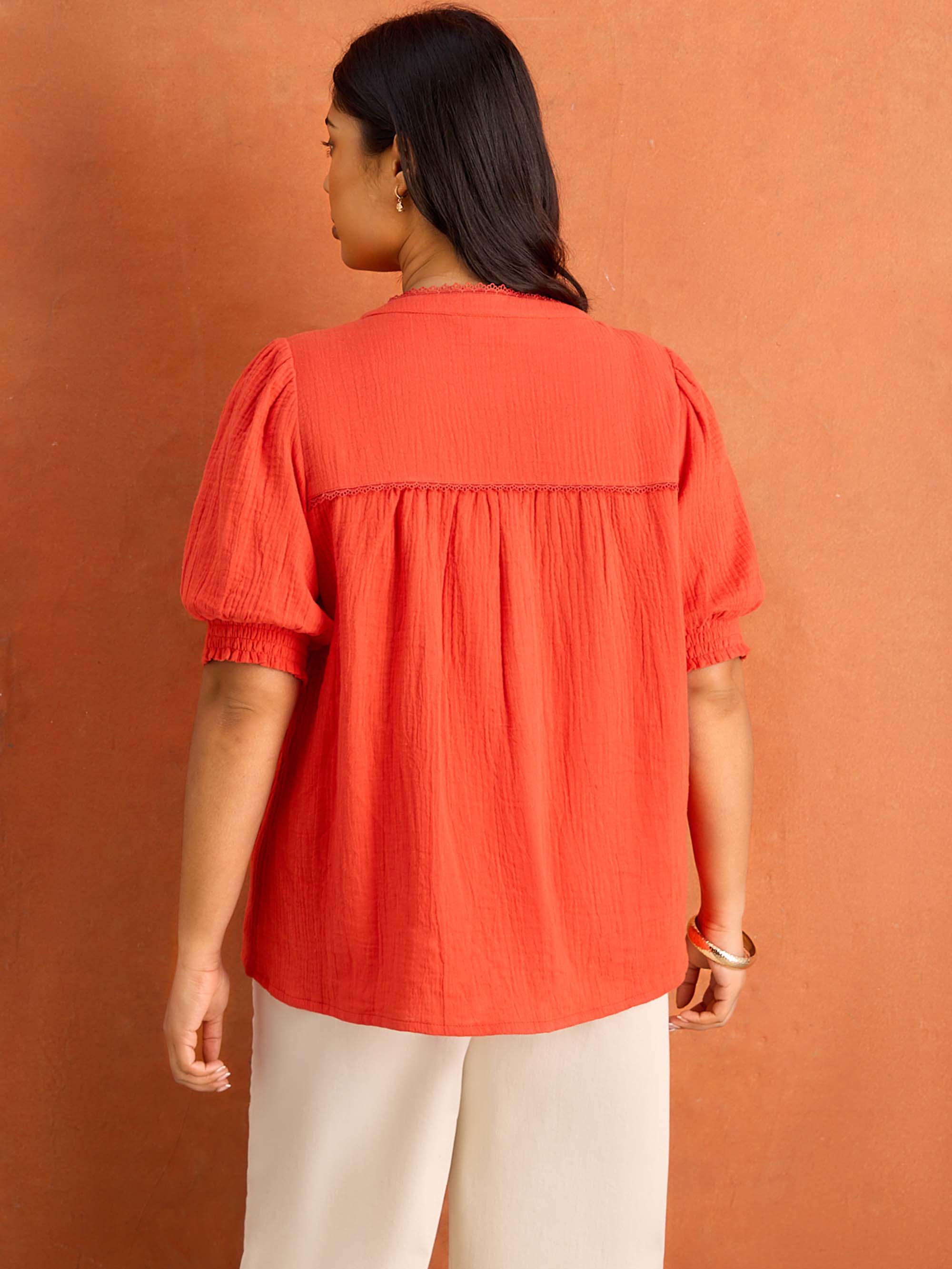 Red Cheesecloth Pintuck Detail Short Sleeve Blouse
