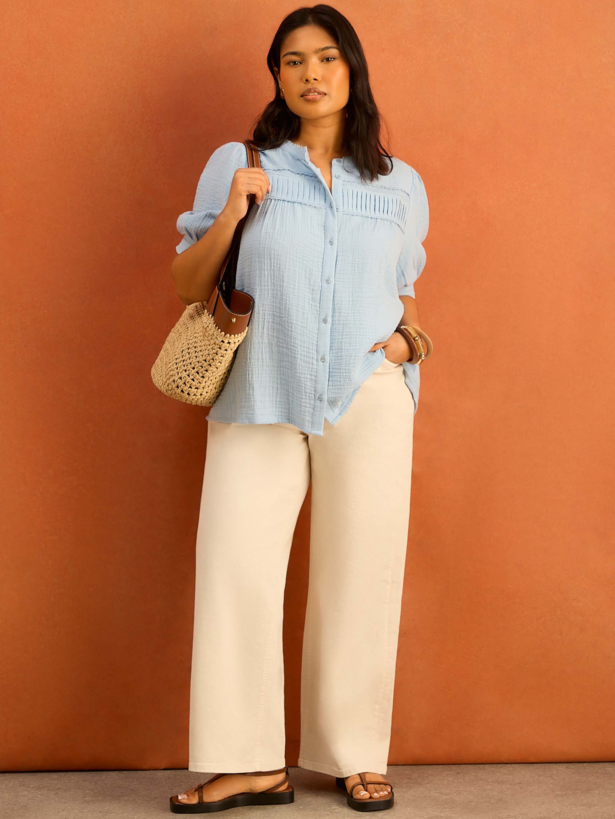 Blue Cheesecloth Pintuck Detail Short Sleeve Blouse