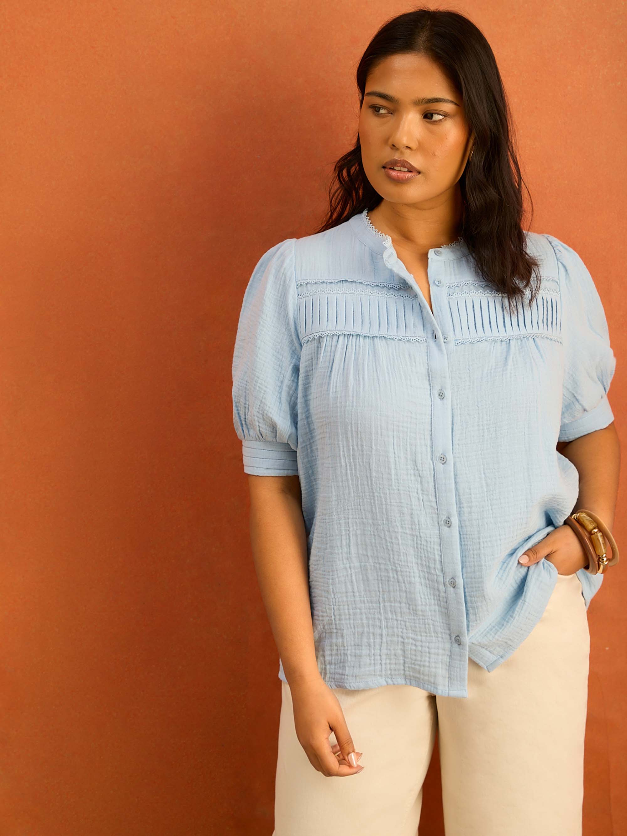 Blue Cheesecloth Pintuck Detail Short Sleeve Blouse
