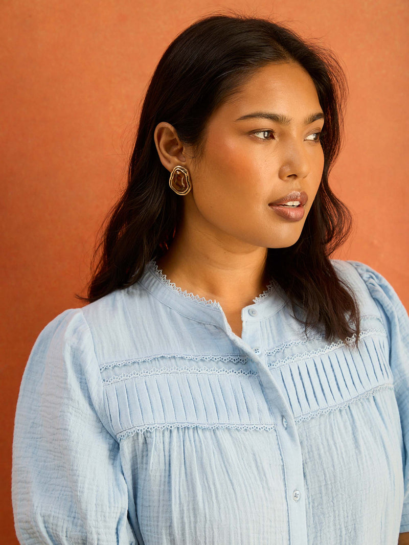 Blue Cheesecloth Pintuck Detail Short Sleeve Blouse