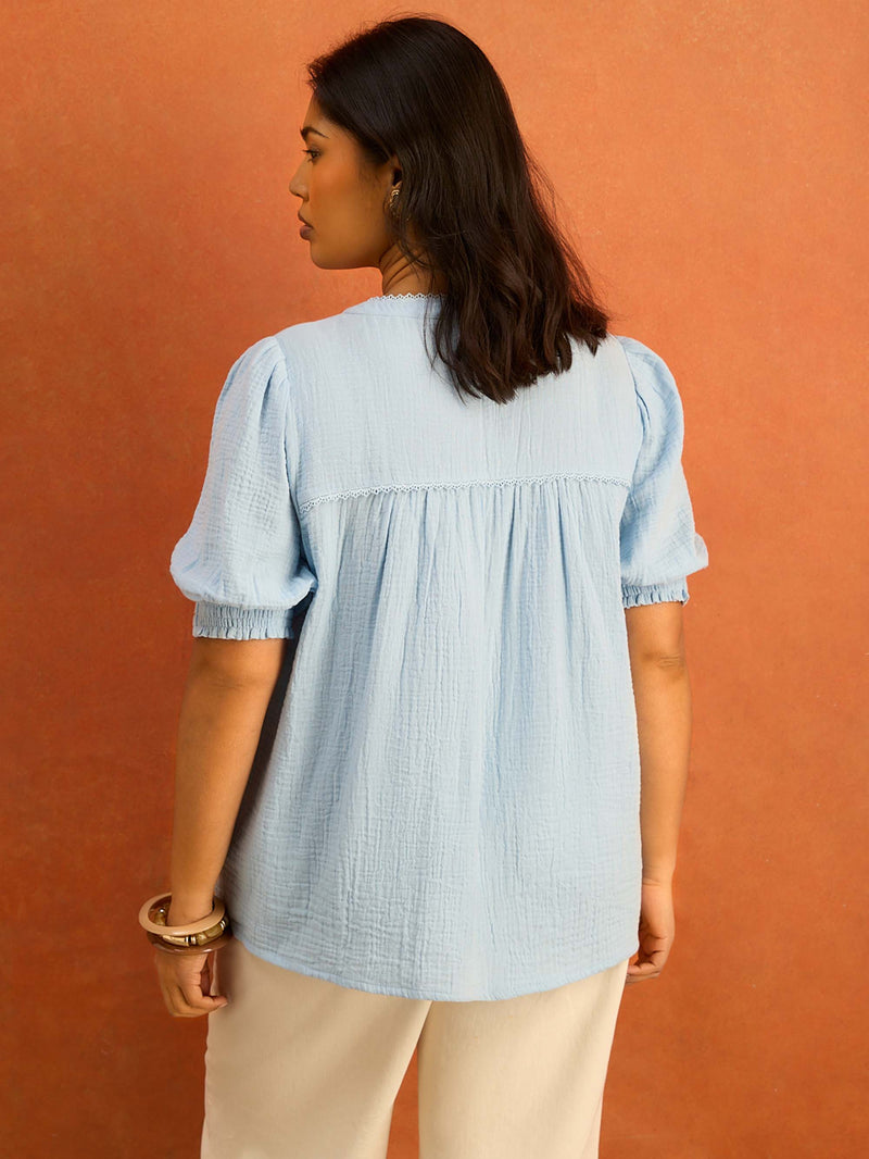 Blue Cheesecloth Pintuck Detail Short Sleeve Blouse
