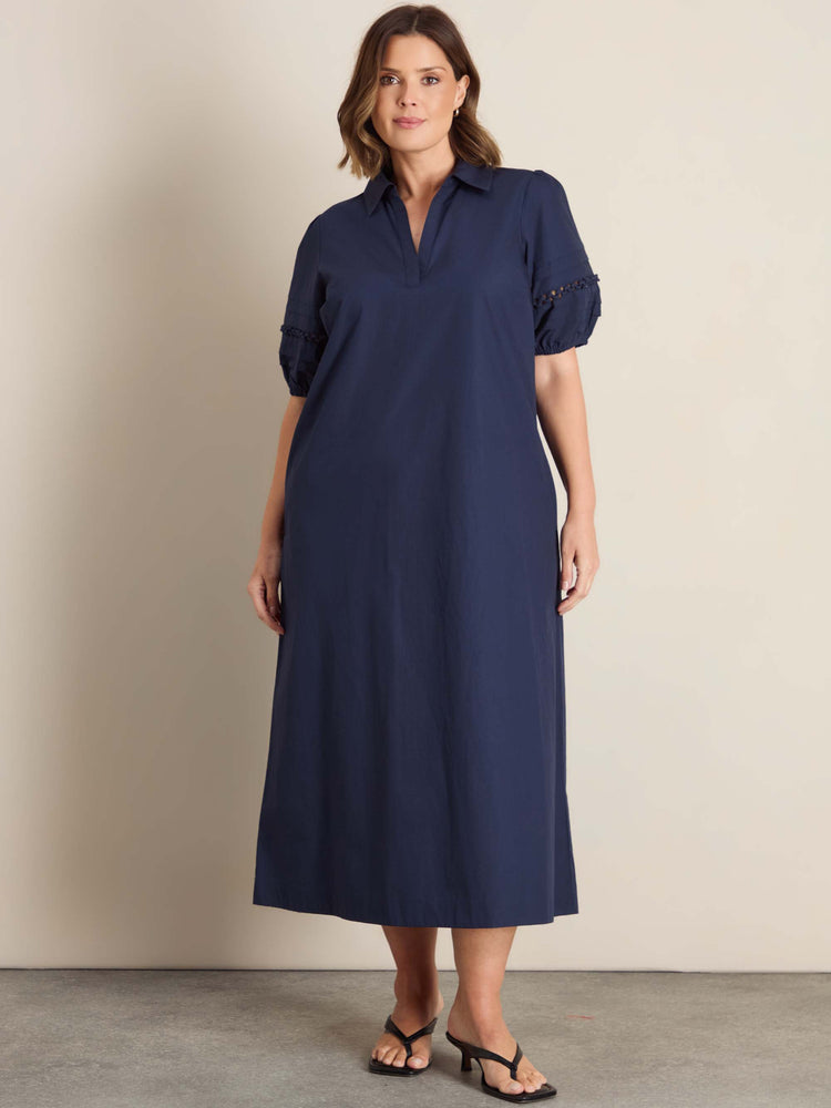 Curve blue midaxi dress with softly puffed sleeves, pleated detailing and a relaxed silhouette.