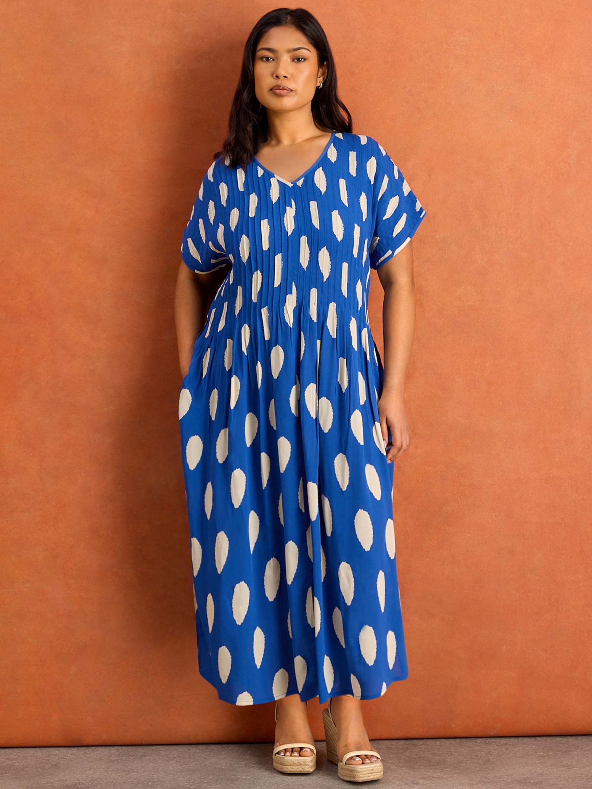 Blue Spot Print Pleated Midi Dress