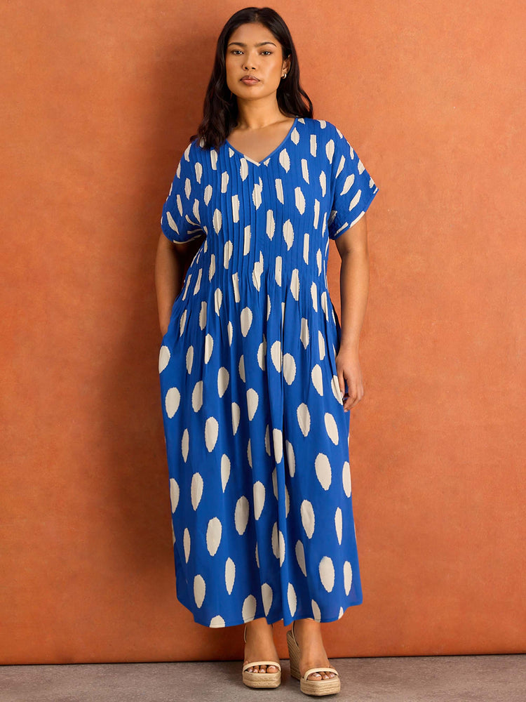Blue Spot Print Pleated Midi Dress