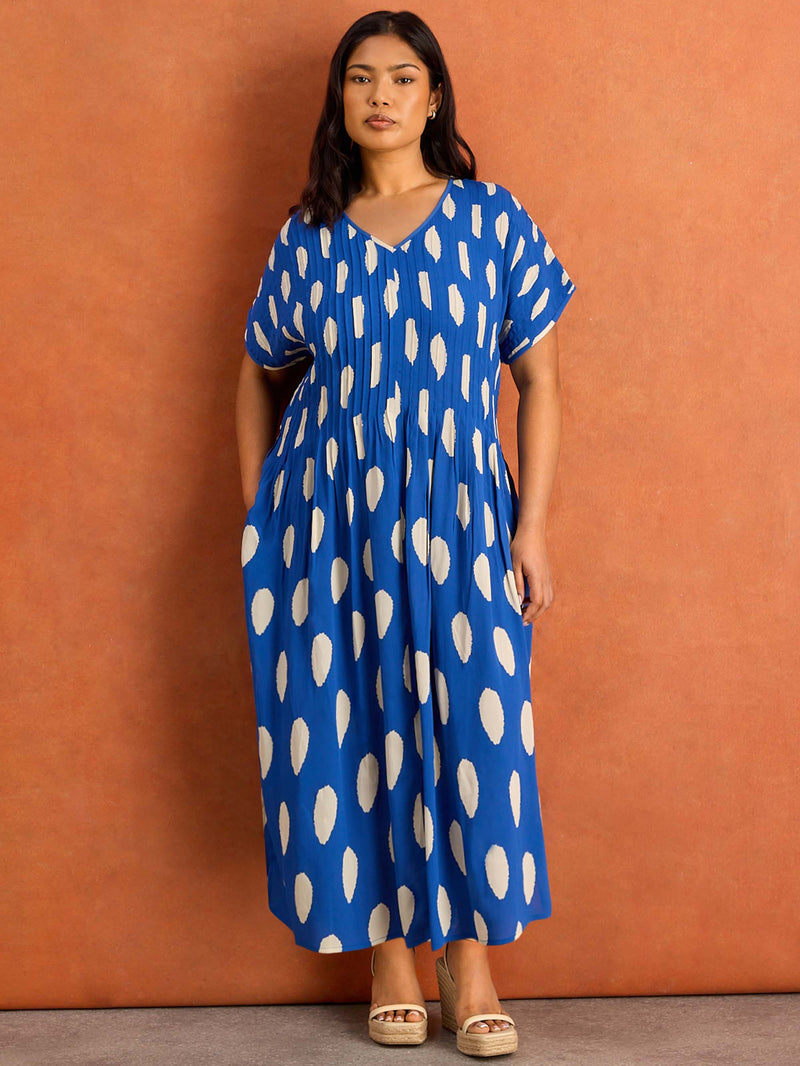 Blue Spot Print Pleated Midi Dress