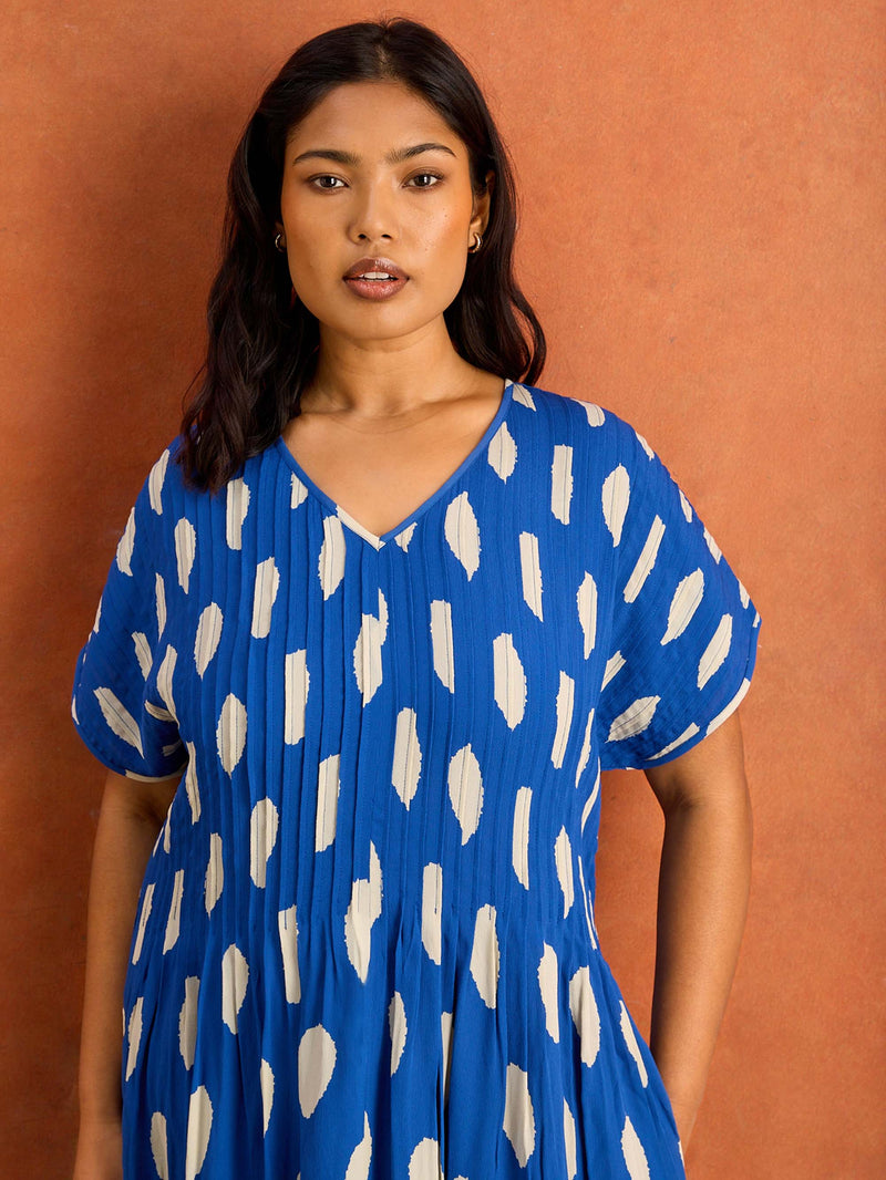 Blue Spot Print Pleated Midi Dress Curve Plus
